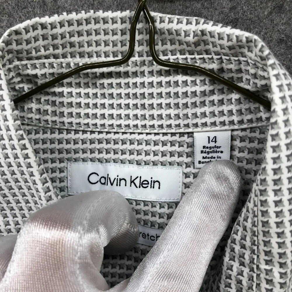 Calvin Klein Boys Size‎ 14 Long Sleeve Dress Shirt Slim Fit Houndstooth Gray